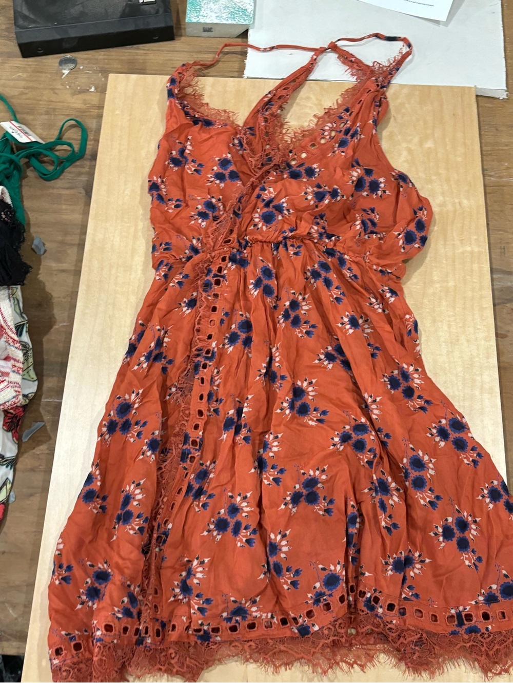 Free People Rust Orange Floral Lace-Trim Mini Dress